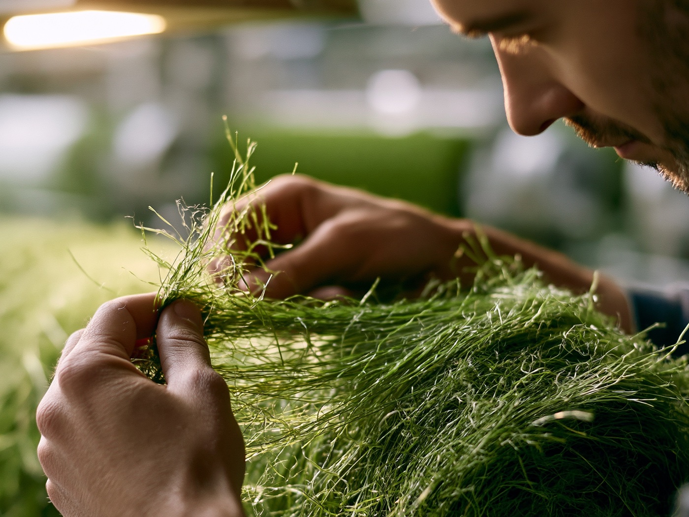 TerraVerde artificial grass — yarn inspection on the production line