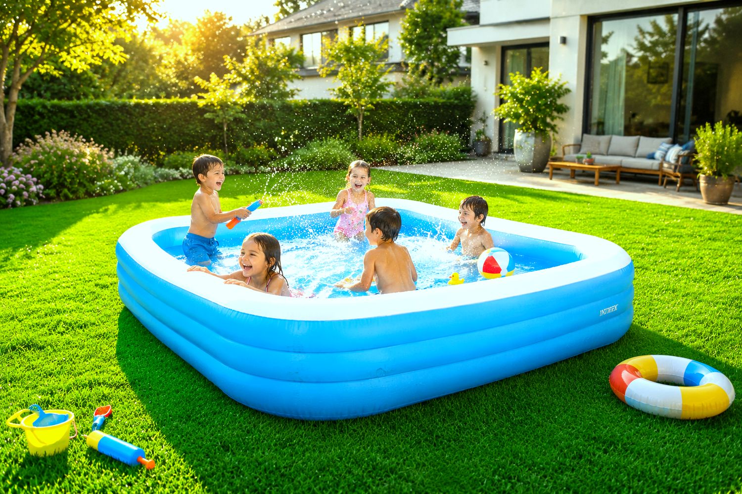 Children playing in an inflatable pool on green grass