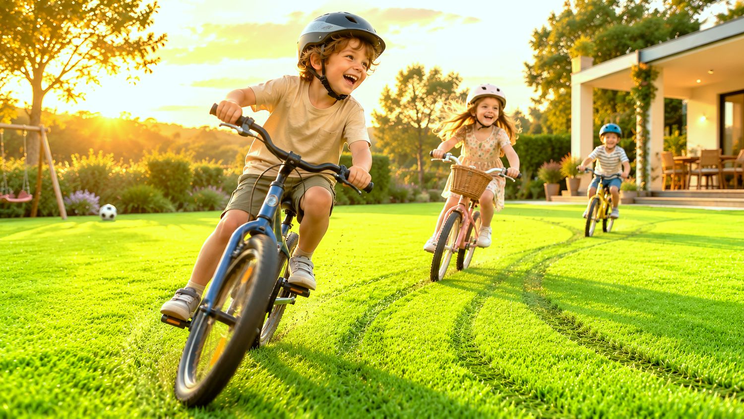 A boy laughing while riding his bike across the lawn