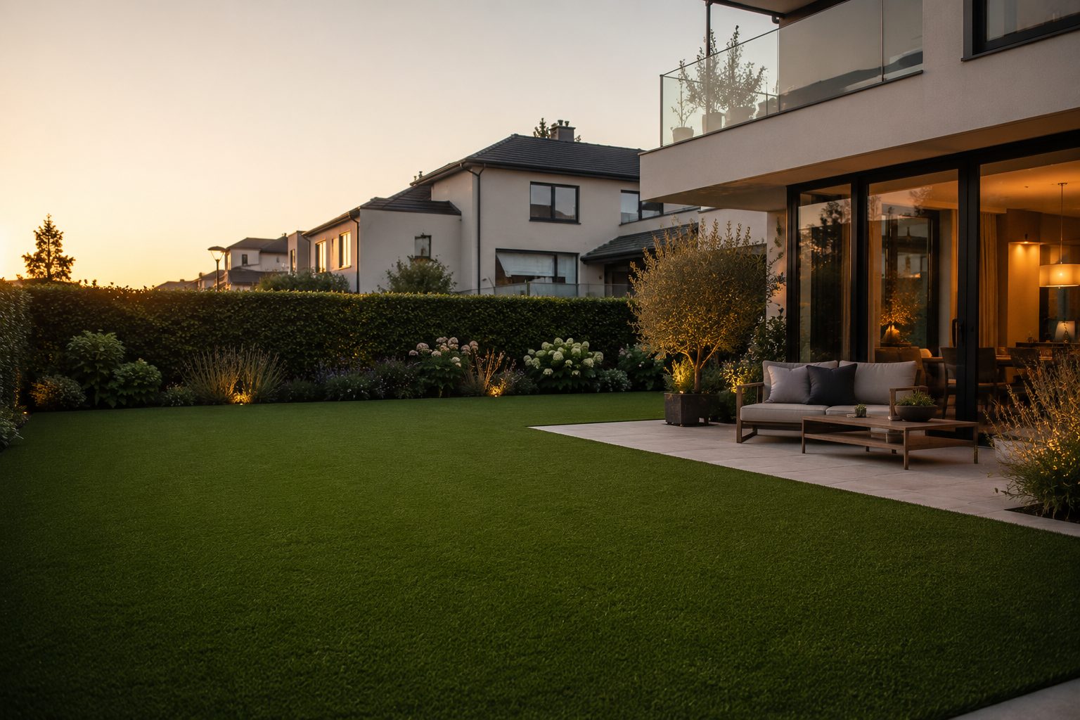 A family relaxing on a lush green garden lawn at dusk