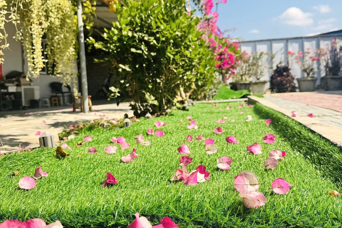 A completed courtyard garden lawn in bloom
